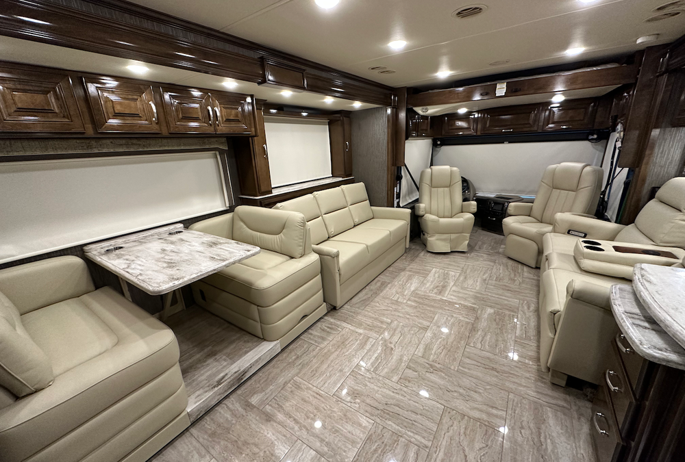 A completed motorhome remodel at Bradd and Hall with professional RV furniture installation.