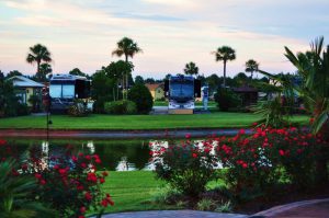 luxury RV resorts - Class A's parked at Bella Terra in the evening 