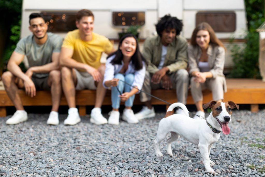 Group of young friends sitting near RV with their cute pet dog, spending time together on campsite, enjoying summer holidays trip, selective focus.