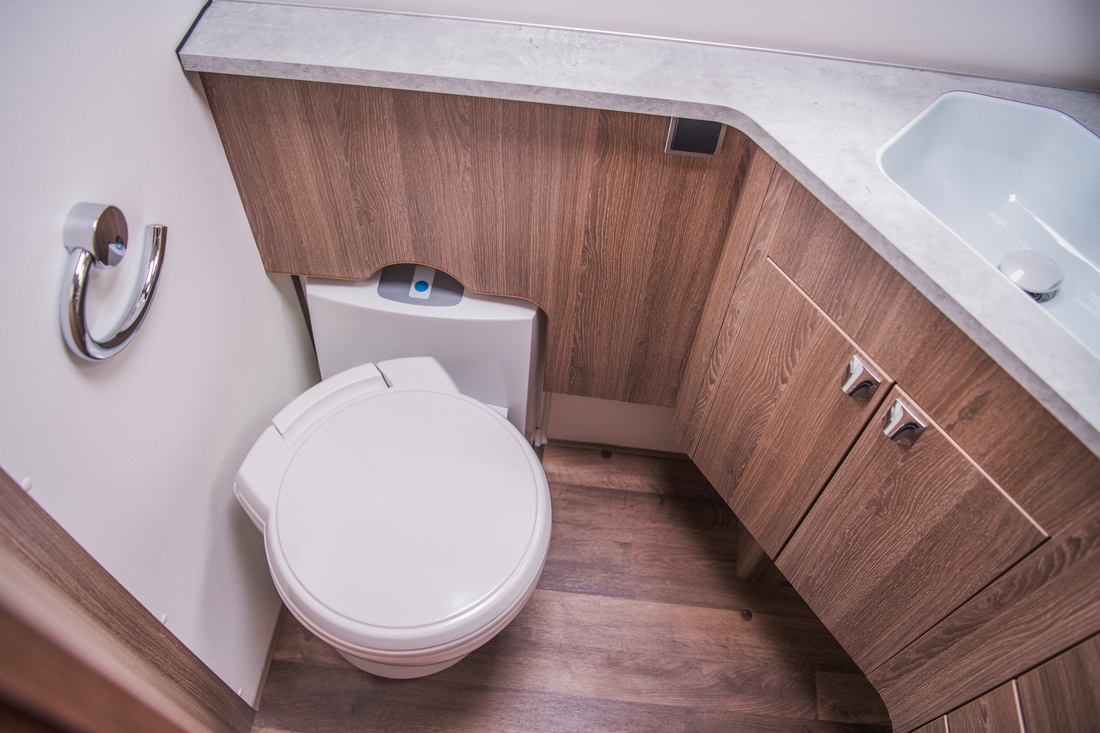 Modern motorhome bathroom after RV spring cleaning.