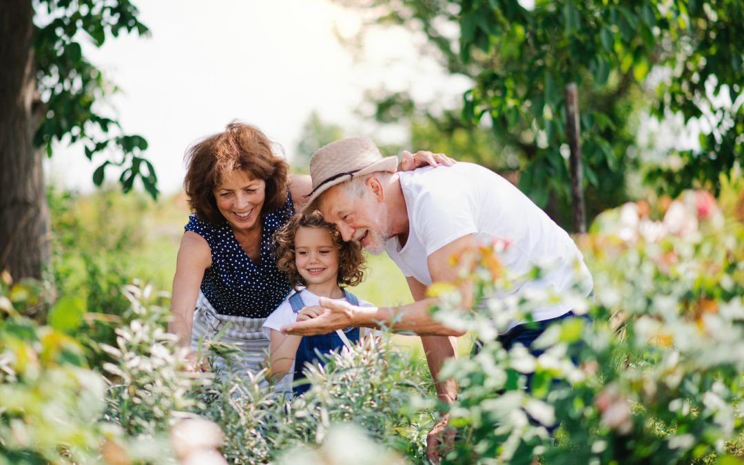 Senior grandparents and granddaughter outside in the spring.