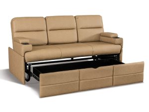 Sleeper RV sofa in beige with the RV storage drawer pulled out.