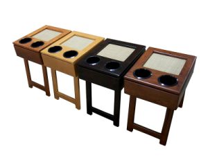 Four cubby consoles for RV storage lined up.