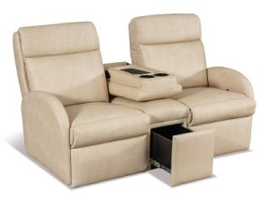 Beige lazy lounger theater seating with the drawer pulled out. 