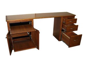 Computer credenza desk with RV storage drawers and cabinet open. 
