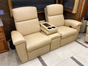 Lambright Houston style RV theater seating in a light cream color.