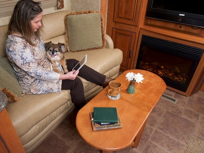 One of our RV tables, the foldable coffee table, displayed in a motorhome.