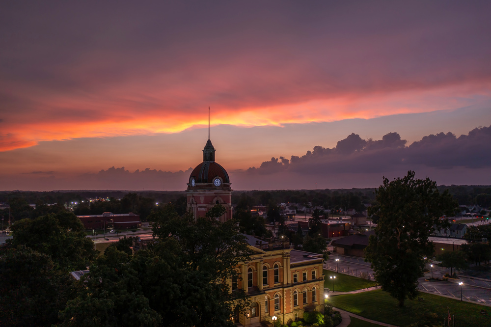 The iconic courthouse in Elkhart at night.