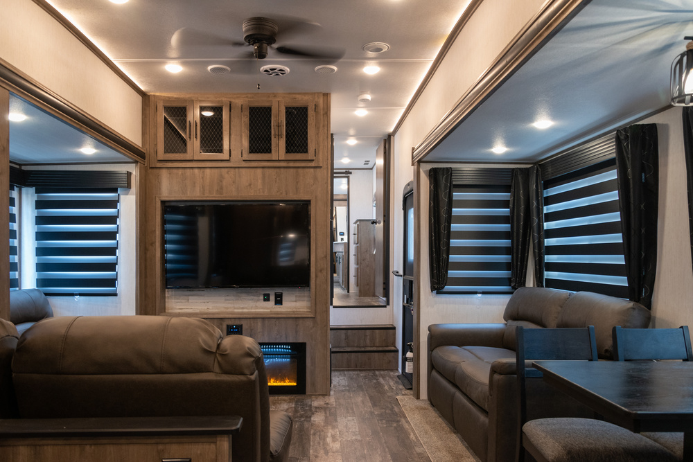 Modern motorhome interior with updated RV flooring.