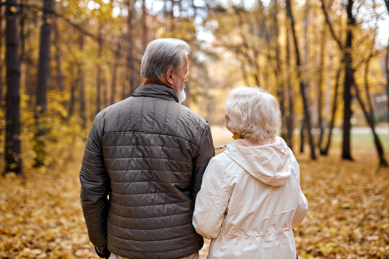 Rear view of man and woman enjoying walk in autumn park.